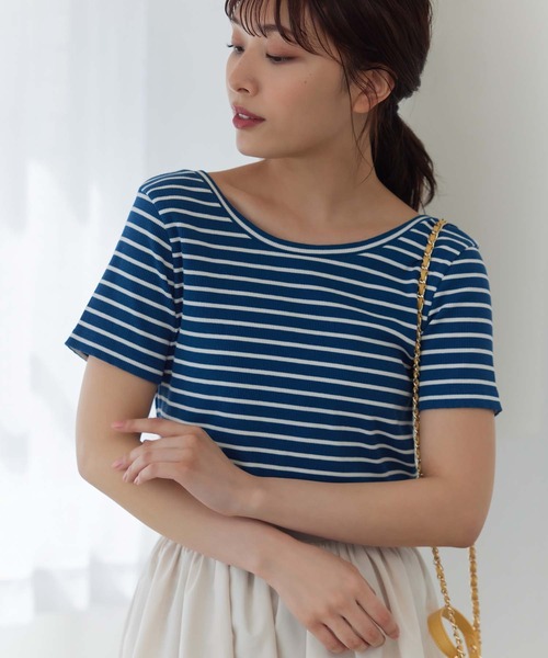Edit Sheen（エディットシーン）の「バックオープンボーダーリブカットソー（Tシャツ/カットソー・レディース・ブルー系その他3/ホワイト×ネイビー・M）」の4枚目の写真