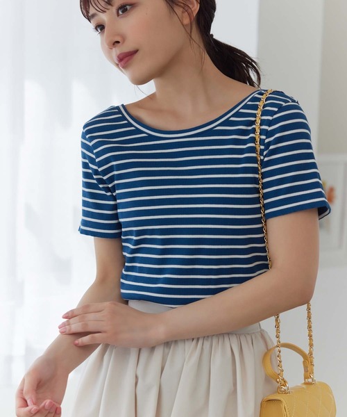 Edit Sheen（エディットシーン）の「バックオープンボーダーリブカットソー（Tシャツ/カットソー・レディース・ブルー系その他3/ホワイト×ネイビー・M）」の5枚目の写真