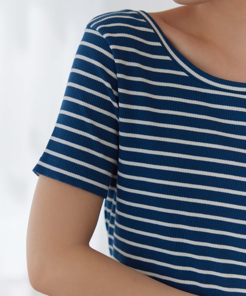 Edit Sheen（エディットシーン）の「バックオープンボーダーリブカットソー（Tシャツ/カットソー・レディース・ブルー系その他3/ホワイト×ネイビー・M）」の3枚目の写真