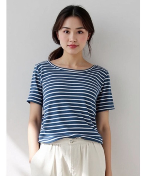 セール】バックオープンボーダーリブカットソー（Tシャツ/カットソー