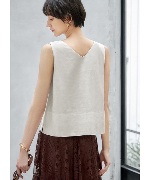 STYLE DELI（スタイルデリ）の「クロップド丈ノースリコットン混紡ブラウス（シャツ/ブラウス・レディース・ホワイト/ブラウン系・MEDIUM）」の8枚目の写真