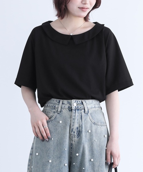 n'OrLABEL（ノアールレーベル）の「【機能素材】『ひんやり襟付きドルマンTシャツ』（Tシャツ/カットソー・レディース・オフホワイト/ブラック・FREE）」の2枚目の写真