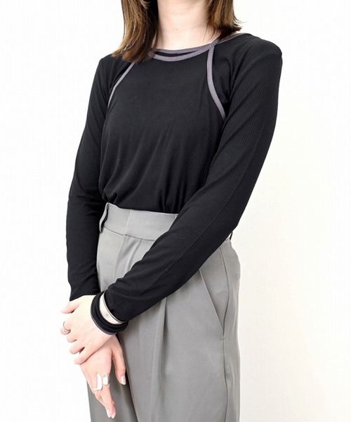 STYLEBLOCK(スタイルブロック)の「リブバイカラーデザインホルターネックキャミ×ロンTセット(Tシャツ/カットソー・レディース・アイボリー/グレー/ブラック・M)」の1枚目の写真