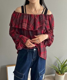 ラッフルカラー2wayチェックブラウス