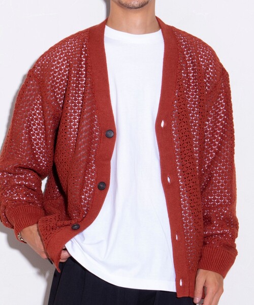 GLOSTER（グロスター）の「【ユニセックス】クロシェ編みカーディガン 透かし編みニット メッシュカーデ（カーディガン/ボレロ・メンズ・ネイビー/オリーブ/アイボリー/オレンジ・L/M/S）」の4枚目の写真