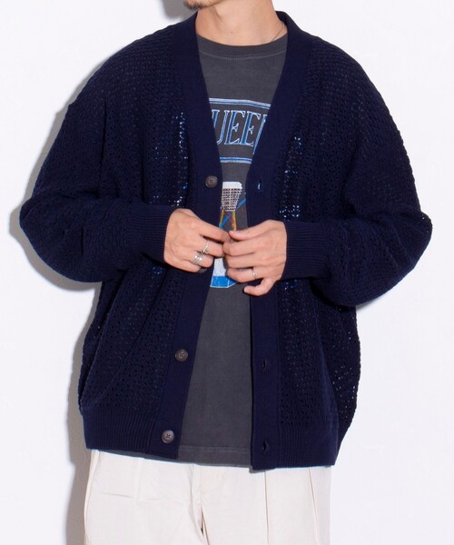 GLOSTER（グロスター）の「【ユニセックス】クロシェ編みカーディガン 透かし編みニット メッシュカーデ（カーディガン/ボレロ・メンズ・ネイビー/オリーブ/アイボリー/オレンジ・L/M/S）」の7枚目の写真