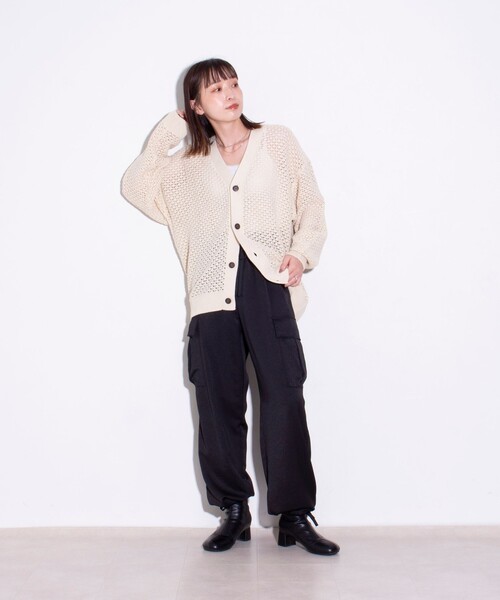 GLOSTER（グロスター）の「【ユニセックス】クロシェ編みカーディガン 透かし編みニット メッシュカーデ（カーディガン/ボレロ・メンズ・ネイビー/オリーブ/アイボリー/オレンジ・L/M/S）」の16枚目の写真