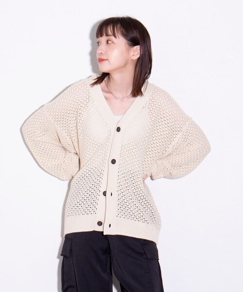 GLOSTER（グロスター）の「【ユニセックス】クロシェ編みカーディガン 透かし編みニット メッシュカーデ（カーディガン/ボレロ・メンズ・ネイビー/オリーブ/アイボリー/オレンジ・L/M/S）」の17枚目の写真