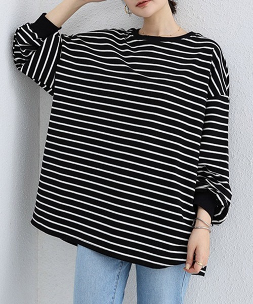 Miniministore(ミニミニストア)の「ボーダーtシャツ レディース 長袖ロンT(Tシャツ/カットソー・レディース・ホワイト/ホワイト×ブラック/ブラック×ホワイト/クリーム/ライトブラウン/ブラック/ライトグレー・L)」の4枚目の写真