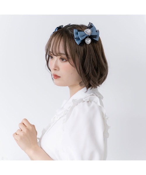 POTETE　ハートリボン クリップ 黒&グレー 2個セット　ヘアアクセサリー POTETE ハートリボン クリップ 黒&白 2個セット ヘアアクセサリー