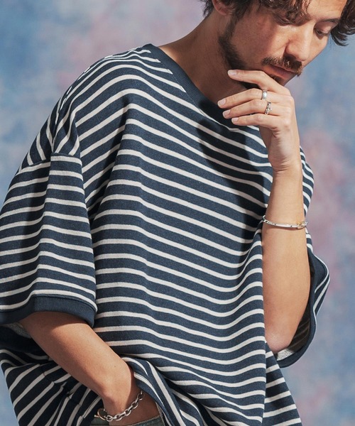 Jih Nunc（ジーヌンク）の「msw1437- ルーズシルエットボーダー裏毛スウェット（スウェット・メンズ・ネイビー/ブラウン/ブラック・S/M/L）」の4枚目の写真