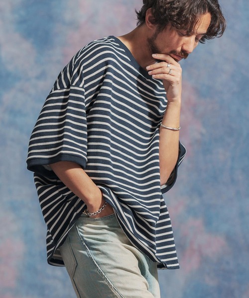 Jih Nunc（ジーヌンク）の「msw1437- ルーズシルエットボーダー裏毛スウェット（スウェット・メンズ・ネイビー/ブラウン/ブラック・S/M/L）」の5枚目の写真