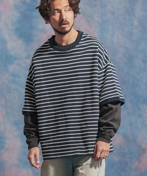 Jih Nunc（ジーヌンク）の「msw1437- ルーズシルエットボーダー裏毛スウェット（スウェット・メンズ・ネイビー/ブラウン/ブラック・S/M/L）」の6枚目の写真