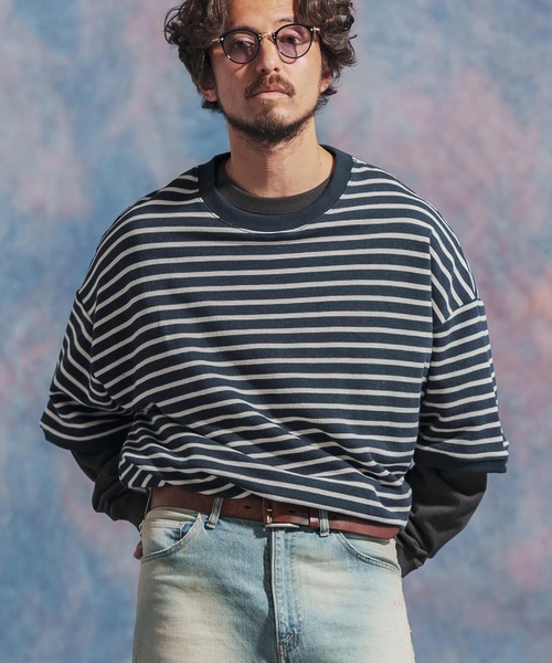 Jih Nunc（ジーヌンク）の「msw1437- ルーズシルエットボーダー裏毛スウェット（スウェット・メンズ・ネイビー/ブラウン/ブラック・S/M/L）」の8枚目の写真