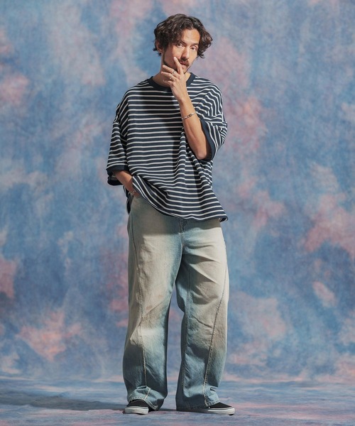 Jih Nunc（ジーヌンク）の「msw1437- ルーズシルエットボーダー裏毛スウェット（スウェット・メンズ・ネイビー/ブラウン/ブラック・S/M/L）」の9枚目の写真