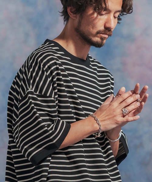 Jih Nunc（ジーヌンク）の「msw1437- ルーズシルエットボーダー裏毛スウェット（スウェット・メンズ・ネイビー/ブラウン/ブラック・S/M/L）」の11枚目の写真