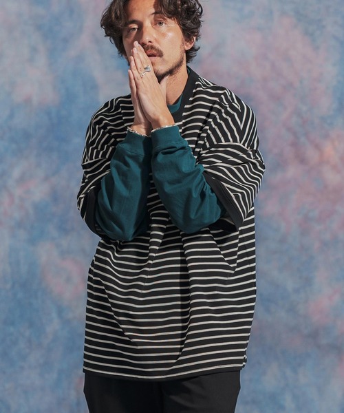 Jih Nunc（ジーヌンク）の「msw1437- ルーズシルエットボーダー裏毛スウェット（スウェット・メンズ・ネイビー/ブラウン/ブラック・S/M/L）」の12枚目の写真