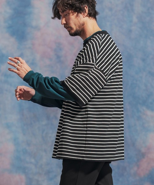 Jih Nunc（ジーヌンク）の「msw1437- ルーズシルエットボーダー裏毛スウェット（スウェット・メンズ・ネイビー/ブラウン/ブラック・S/M/L）」の13枚目の写真