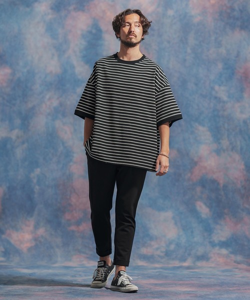 Jih Nunc（ジーヌンク）の「msw1437- ルーズシルエットボーダー裏毛スウェット（スウェット・メンズ・ネイビー/ブラウン/ブラック・S/M/L）」の15枚目の写真