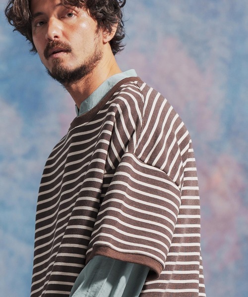 Jih Nunc（ジーヌンク）の「msw1437- ルーズシルエットボーダー裏毛スウェット（スウェット・メンズ・ネイビー/ブラウン/ブラック・S/M/L）」の18枚目の写真