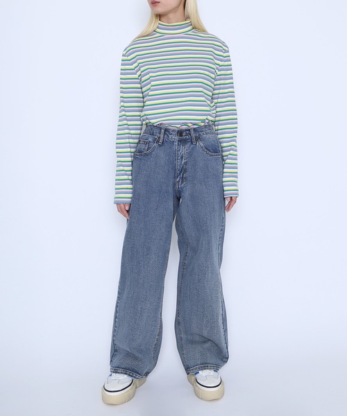 PUNYUS（プニュズ）の「マルチボーダーハイネックトップス（Tシャツ/カットソー・レディース・グリーン/ネイビー/パープル・1/2/3/4）」の12枚目の写真