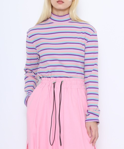 PUNYUS（プニュズ）の「マルチボーダーハイネックトップス（Tシャツ/カットソー・レディース・グリーン/ネイビー/パープル・1/2/3/4）」の5枚目の写真