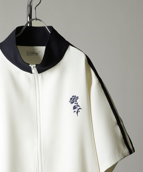NILWAY（ニルウェイ）の「花刺繍配色ライン半袖 トラックジャケット（ジャージ・メンズ・ネイビー/ライトグレー/アイボリー/ライトブルー/チャコールグレー・MEDIUM/LARGE）」の12枚目の写真