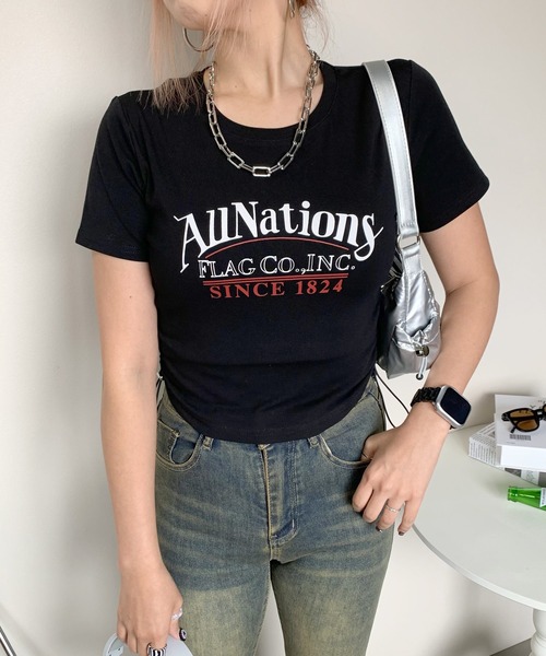 non-hedge(ノンヘッジ)の「サイドタックロゴクロップド丈半袖Tシャツ(Tシャツ/カットソー・レディース・ピンク/オフホワイト/グレー/ブラック・FREE)」の1枚目の写真