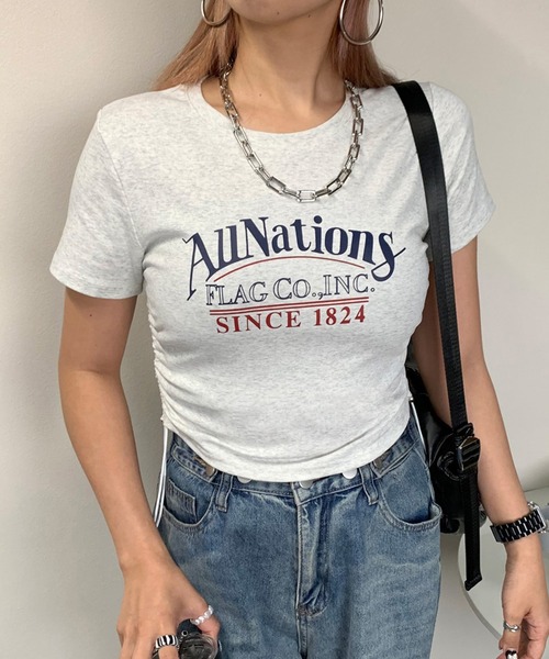 non-hedge(ノンヘッジ)の「サイドタックロゴクロップド丈半袖Tシャツ(Tシャツ/カットソー・レディース・ピンク/オフホワイト/グレー/ブラック・FREE)」の7枚目の写真