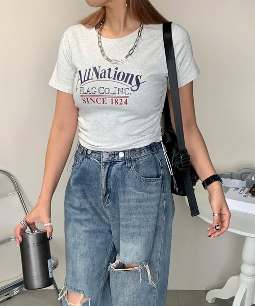 non-hedge(ノンヘッジ)の「サイドタックロゴクロップド丈半袖Tシャツ(Tシャツ/カットソー・レディース・ピンク/オフホワイト/グレー/ブラック・FREE)」の8枚目の写真
