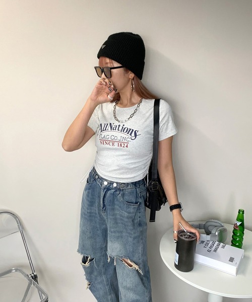 non-hedge(ノンヘッジ)の「サイドタックロゴクロップド丈半袖Tシャツ(Tシャツ/カットソー・レディース・ピンク/オフホワイト/グレー/ブラック・FREE)」の9枚目の写真