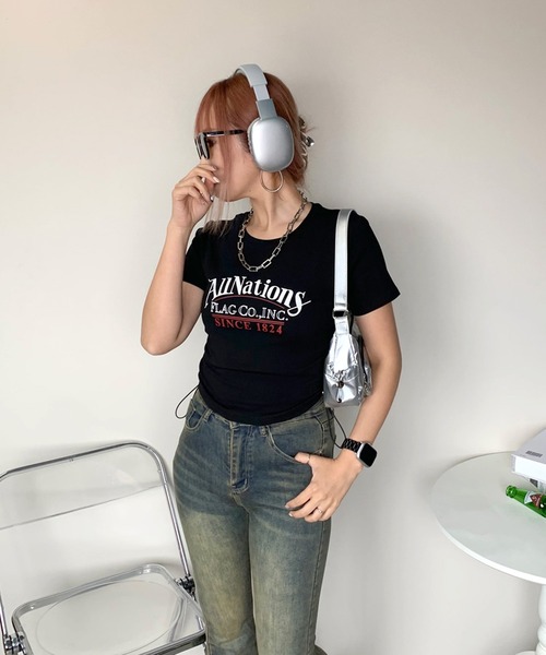 non-hedge(ノンヘッジ)の「サイドタックロゴクロップド丈半袖Tシャツ(Tシャツ/カットソー・レディース・ピンク/オフホワイト/グレー/ブラック・FREE)」の11枚目の写真
