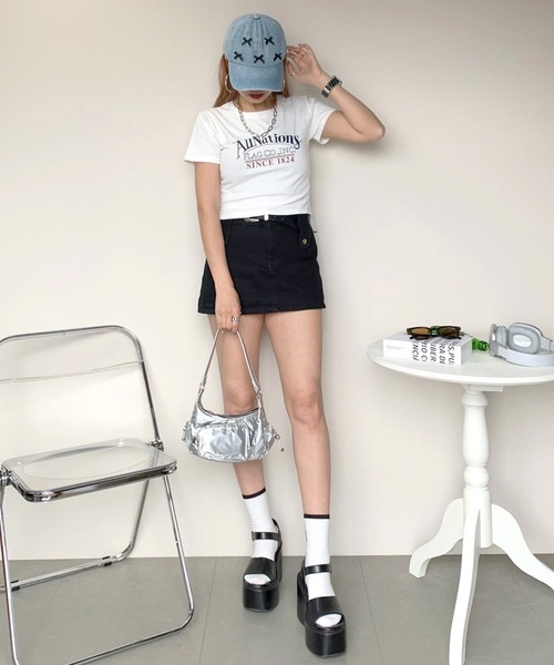 non-hedge(ノンヘッジ)の「サイドタックロゴクロップド丈半袖Tシャツ(Tシャツ/カットソー・レディース・ピンク/オフホワイト/グレー/ブラック・FREE)」の14枚目の写真