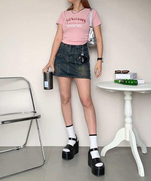 non-hedge(ノンヘッジ)の「サイドタックロゴクロップド丈半袖Tシャツ(Tシャツ/カットソー・レディース・ピンク/オフホワイト/グレー/ブラック・FREE)」の17枚目の写真