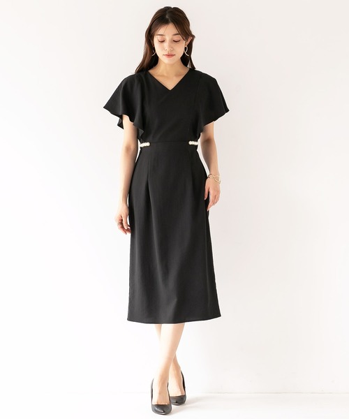 【セール】【え！痩せて見える！手洗いOK】WEB限定！リネンライク・サイドパール調デザインワンピース（ワンピース）｜Emilyan（エミリアン）