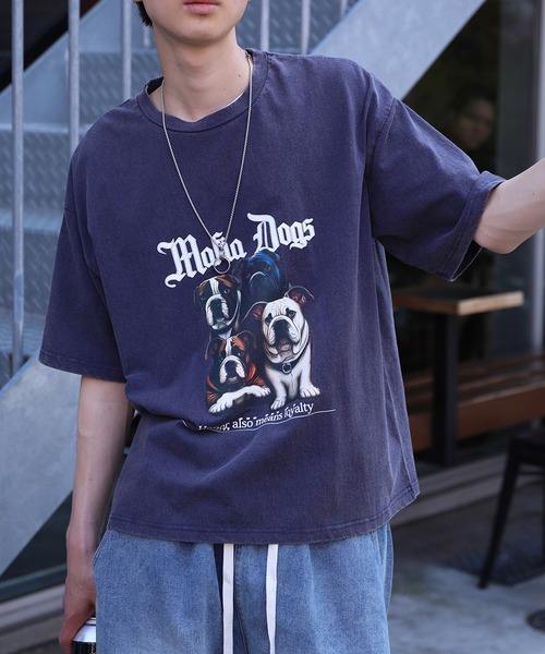 HOOK(フック)の「HOOK -original- マフィアわんこプリントウォッシュ半袖TEE (SS)(Tシャツ/カットソー・メンズ・ネイビー/グレー/ブラック/ブラウン・M/XL/L)」の1枚目の写真