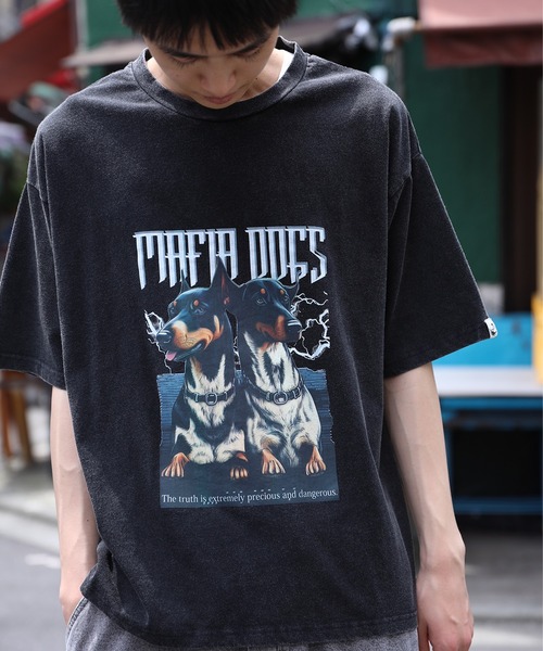 HOOK(フック)の「HOOK -original- マフィアわんこプリントウォッシュ半袖TEE (SS)(Tシャツ/カットソー・メンズ・ネイビー/グレー/ブラック/ブラウン・M/XL/L)」の2枚目の写真