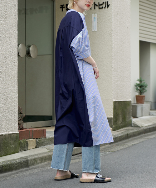 zootie（ズーティー）の「ストライプスイッチ シャツワンピース（シャツワンピース・レディース・ネイビー/ベージュ・M）」の2枚目の写真