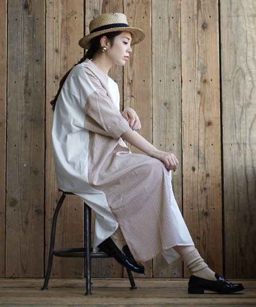 zootie（ズーティー）の「ストライプスイッチ シャツワンピース（シャツワンピース・レディース・ネイビー/ベージュ・M）」の6枚目の写真