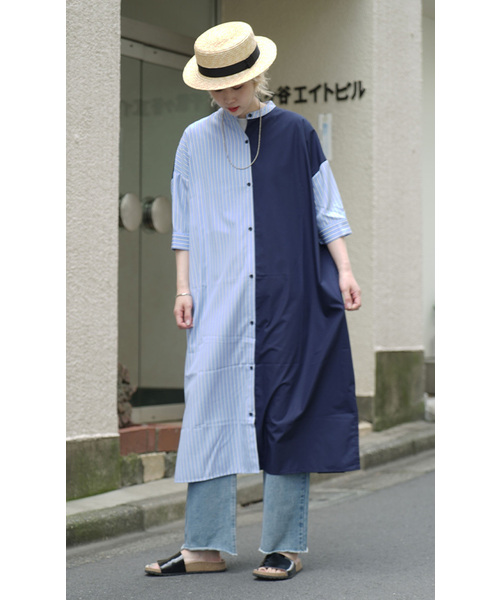 zootie（ズーティー）の「ストライプスイッチ シャツワンピース（シャツワンピース・レディース・ネイビー/ベージュ・M）」の3枚目の写真