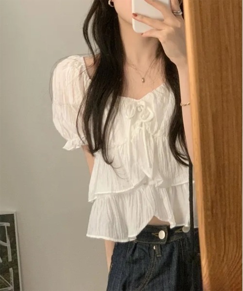 by muni:r（バイ ムニール）の「【新色追加】ラブリーラッフルパフブラウス（シャツ/ブラウス・レディース・ブラック/ホワイト/ピンク・FREE）」の8枚目の写真