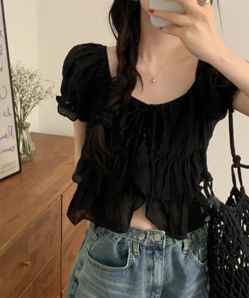 by muni:r（バイ ムニール）の「【新色追加】ラブリーラッフルパフブラウス（シャツ/ブラウス・レディース・ブラック/ホワイト/ピンク・FREE）」の11枚目の写真