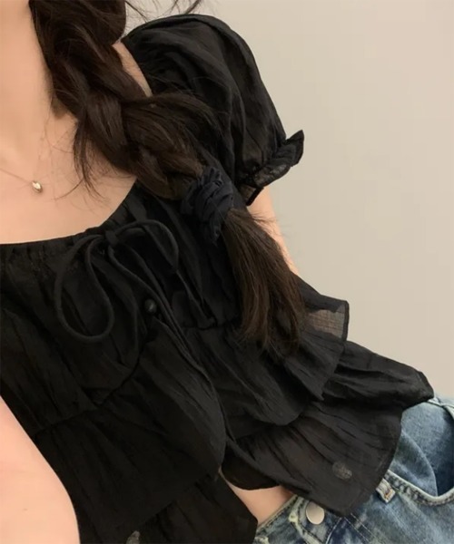 by muni:r（バイ ムニール）の「【新色追加】ラブリーラッフルパフブラウス（シャツ/ブラウス・レディース・ブラック/ホワイト/ピンク・FREE）」の12枚目の写真