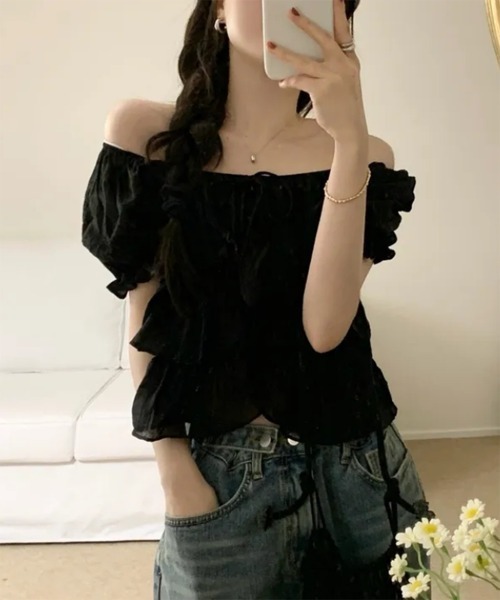 by muni:r（バイ ムニール）の「【新色追加】ラブリーラッフルパフブラウス（シャツ/ブラウス・レディース・ブラック/ホワイト/ピンク・FREE）」の13枚目の写真