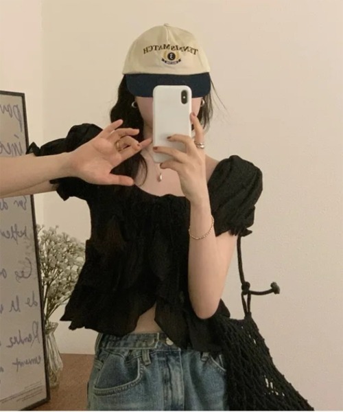 by muni:r（バイ ムニール）の「【新色追加】ラブリーラッフルパフブラウス（シャツ/ブラウス・レディース・ブラック/ホワイト/ピンク・FREE）」の14枚目の写真