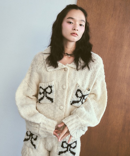 poiregnee(ポワニェ)の「リボンニットブルゾン(ニット/セーター・レディース・グレー/アイボリー・FREE)」の3枚目の写真