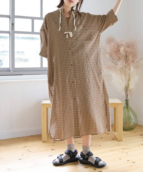 Crisp（クリスプ）の「ショートスリーブサージカルシャツワンピース（ワンピース・レディース・ベージュ/ネイビー/ブラウン・FREE）」の5枚目の写真