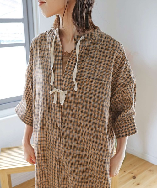 Crisp（クリスプ）の「ショートスリーブサージカルシャツワンピース（ワンピース・レディース・ベージュ/ネイビー/ブラウン・FREE）」の8枚目の写真