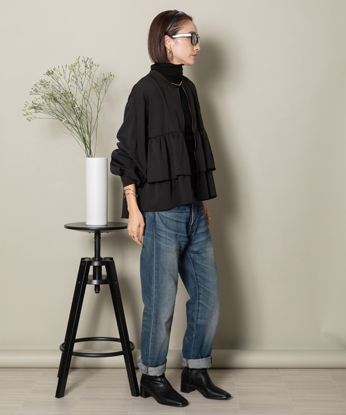 ジャケット ブルゾン ペプラムフレアー フリルノーカラーブルソン レディース ペプラム ノーカラージャケットの通販