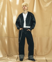 ノーカラージャケット ベージュ 合成皮革 ノーカラージャケット（ベージュ系・レザー・本革）ファッション